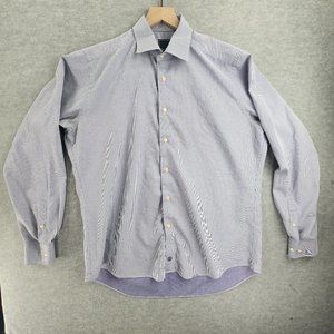 David Donahue Dress Shirt Mens 17 36/37 Blue Trim Fit Blue Pin Flip Cuff Cotton